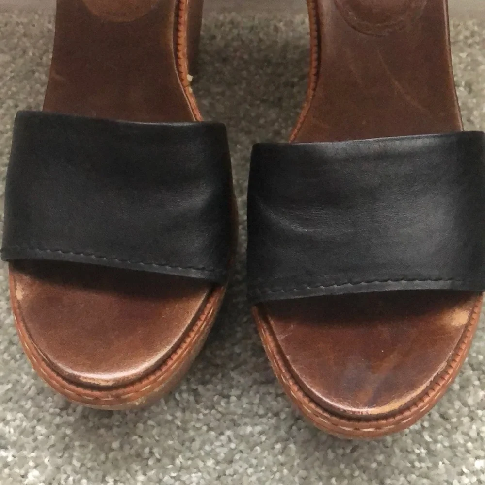 Prada Black Leather and Brown Wood Wedge Sandals - Picture 5 of 7